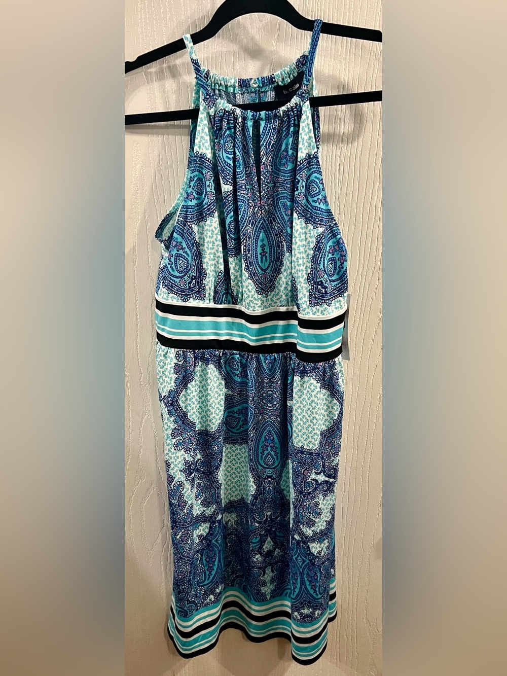 B. Calm Blue Paisley Halter Maxi Dress with Striped Waist Accent - Size M